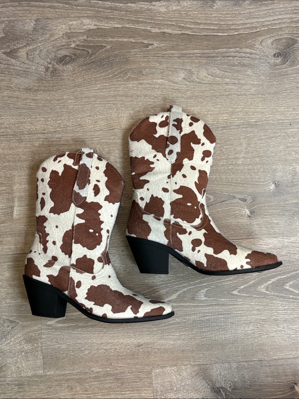 Cowhide Print Western Ankle Boots - Brown & White 7.5